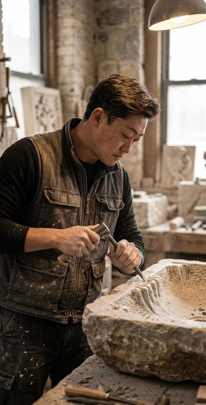 Anderson Sueishi, founder of Stoneveil Atelier, hand-carving a stone vessel in his workshop
