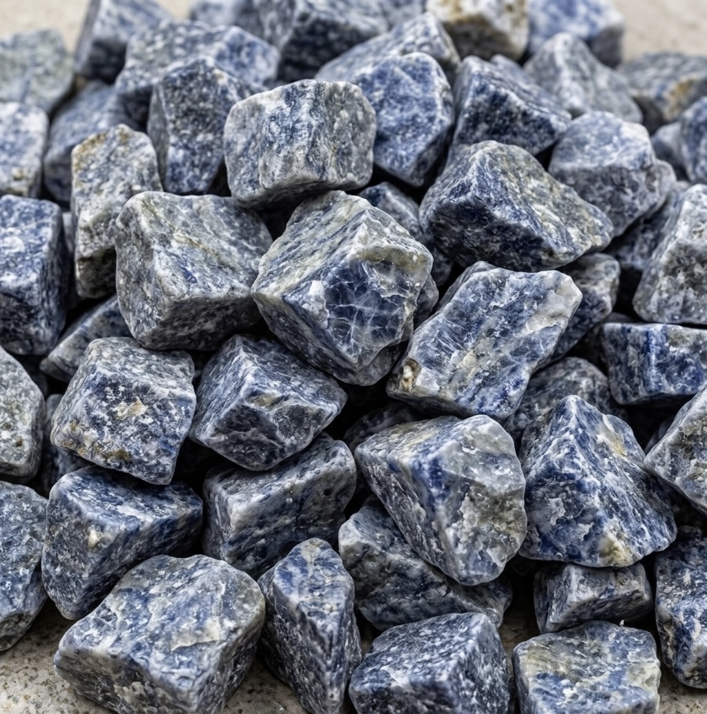 Raw Azul Bahia sodalite rock fragments with blue and white mineral banding