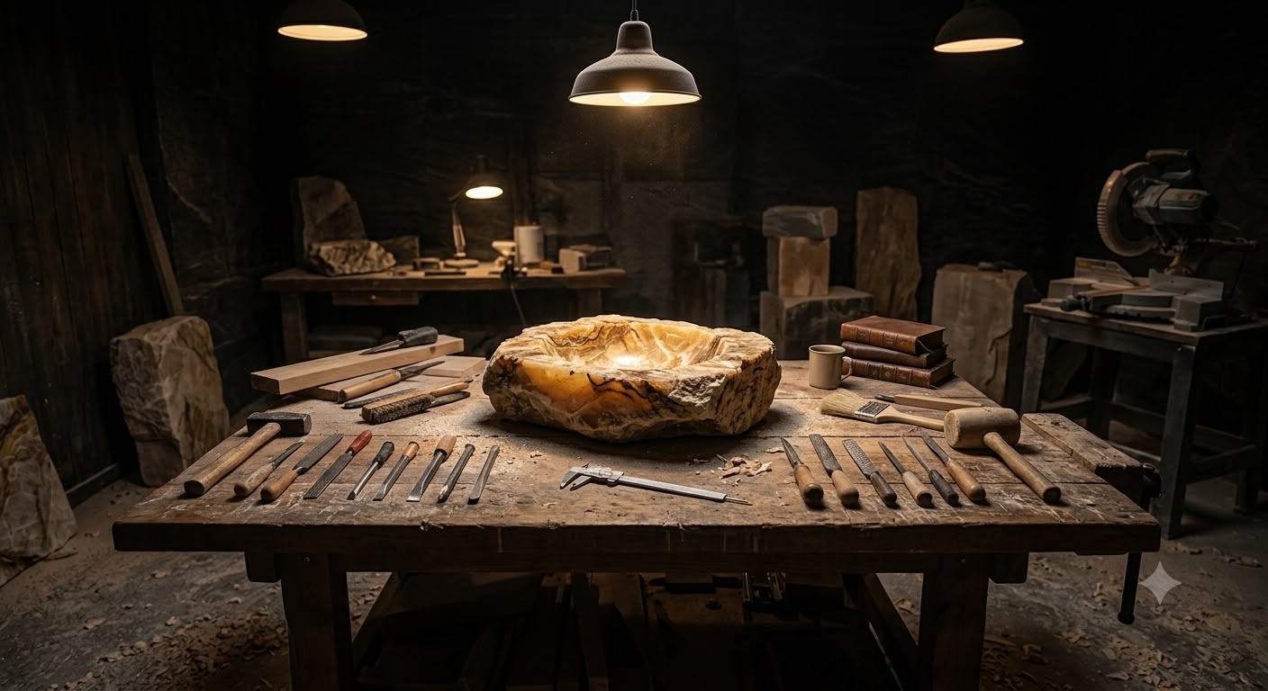 Stoneveil Atelier workshop with a hand-carved stone vessel on the workbench