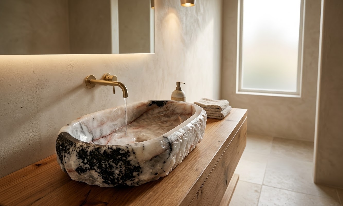 Quartz with Black Tourmaline hand-carved stone vessel sink