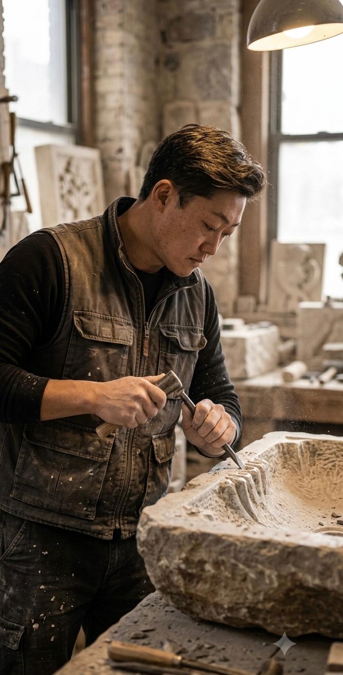 Anderson Sueishi, founder of Stoneveil Atelier, hand-carving a stone vessel in his workshop