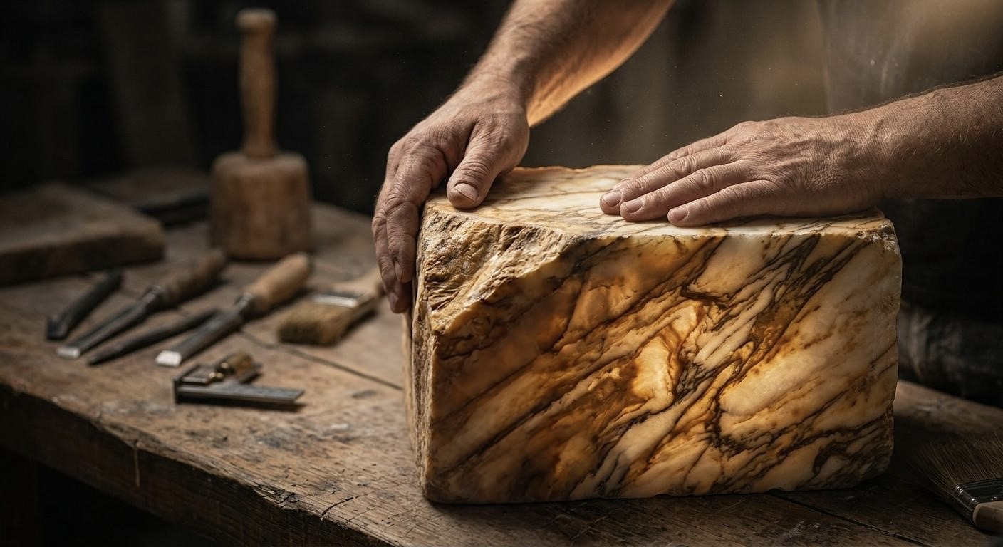 Artisan hands inspecting a raw block of veined natural stone