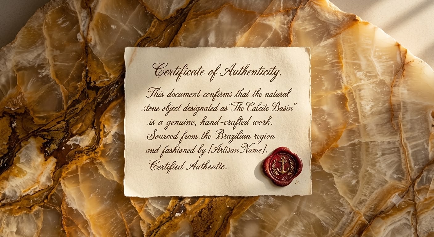 Signed certificate of authenticity resting on a slab of amber onyx stone
