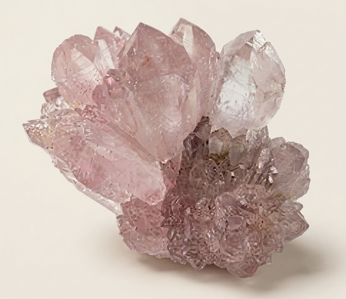 Raw rose quartz crystal cluster from Minas Gerais with translucent pink points