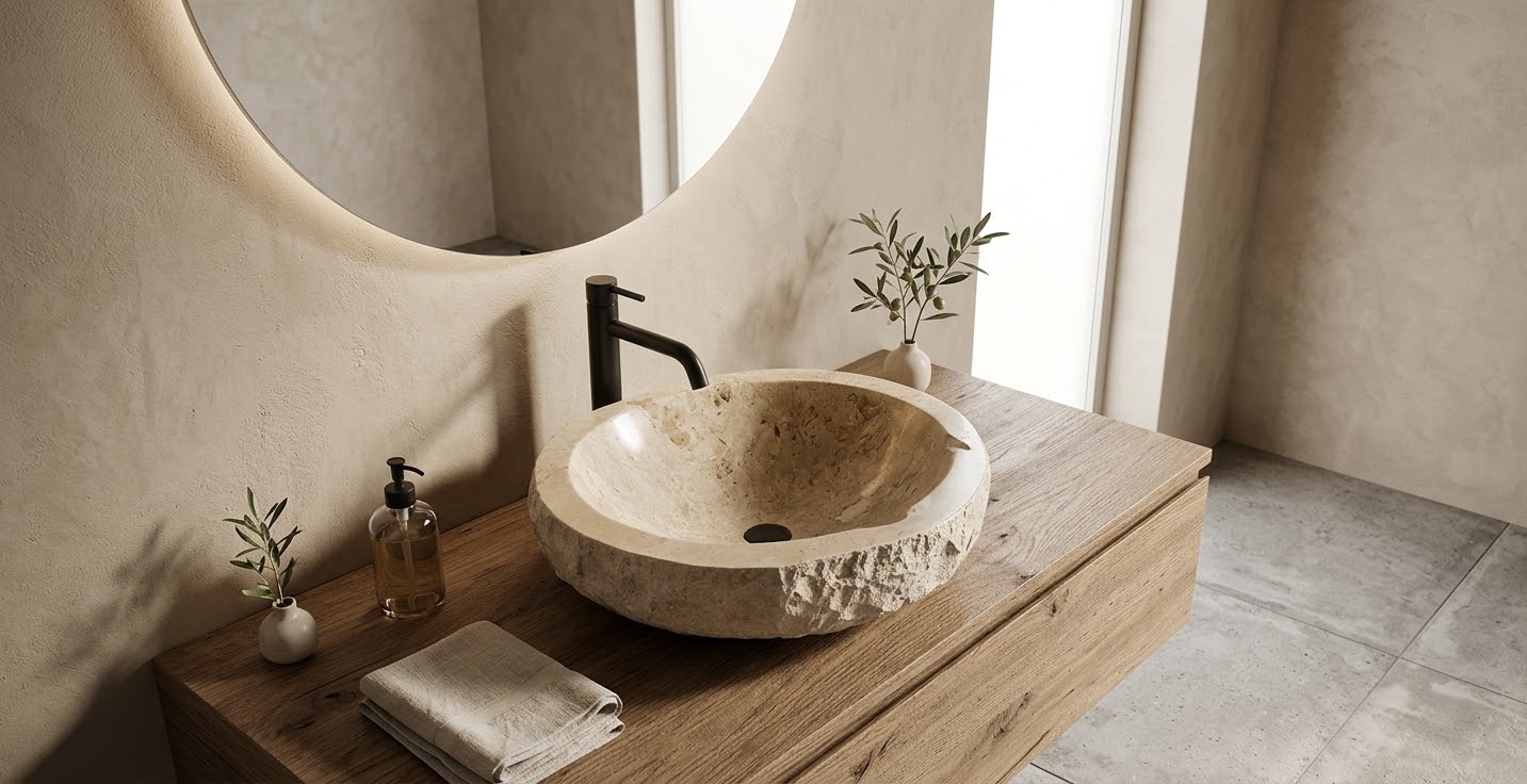 Bahia Beige hand-carved travertine stone vessel sink