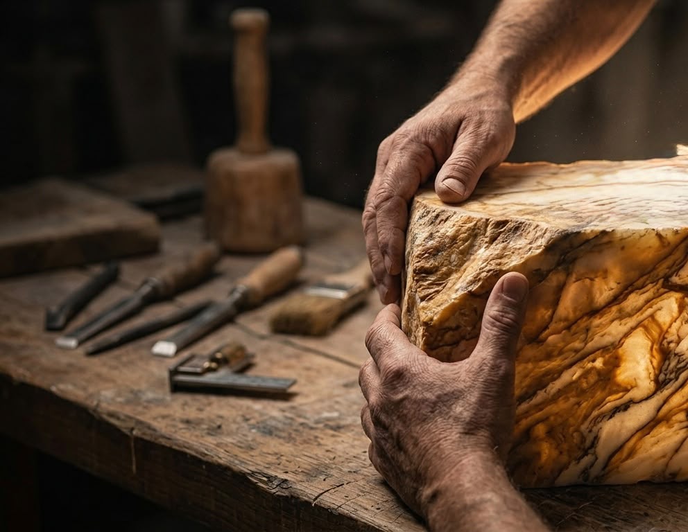 Artisan hands holding a finished block of veined natural stone