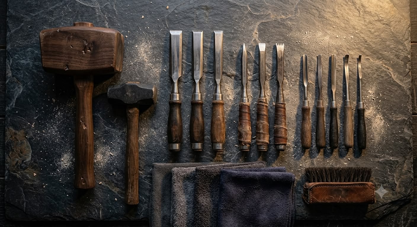 Traditional stone carving tools laid out on a slate surface