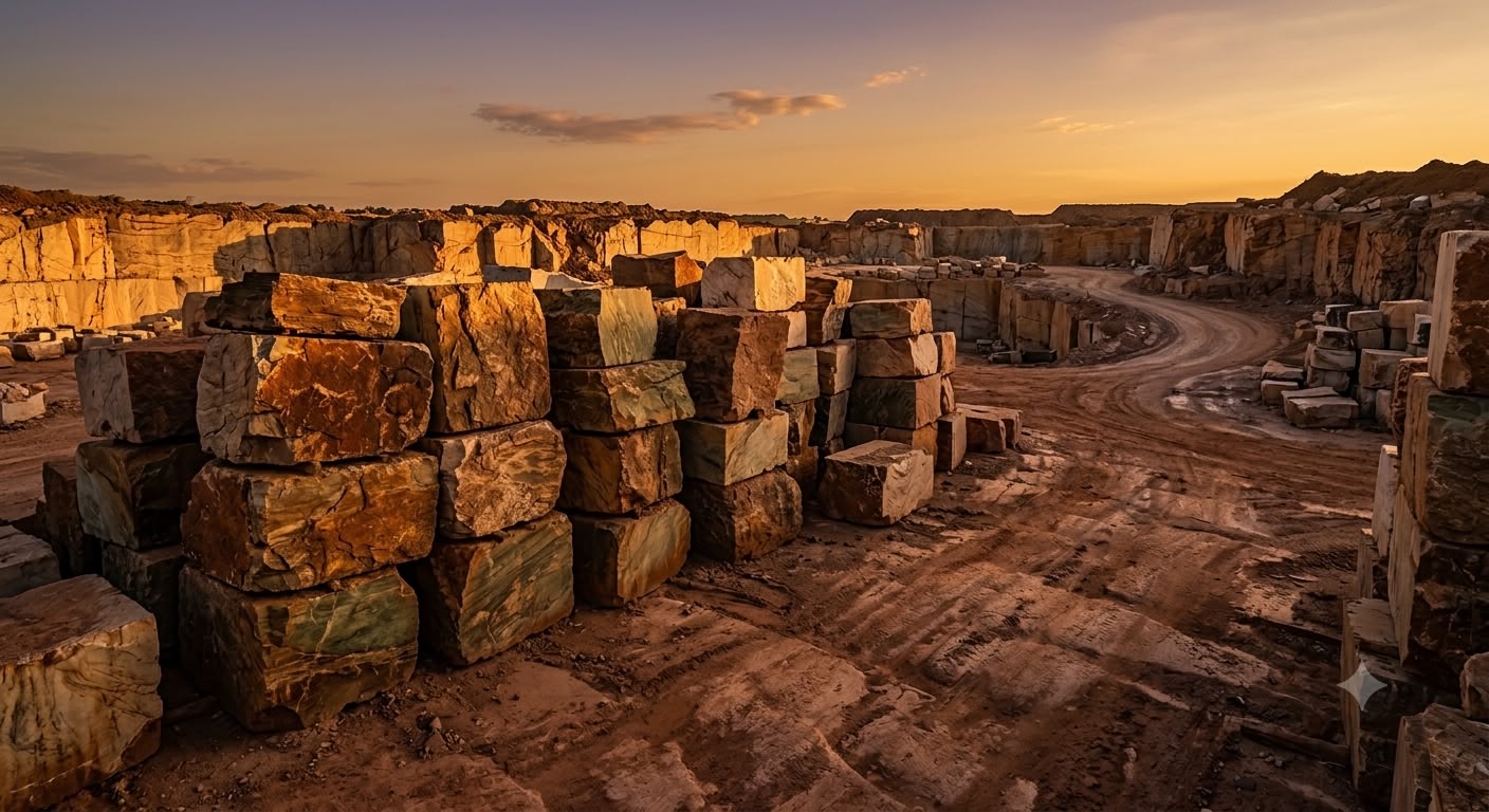 Blocks of exotic natural stone stacked at a Brazilian quarry at sunset