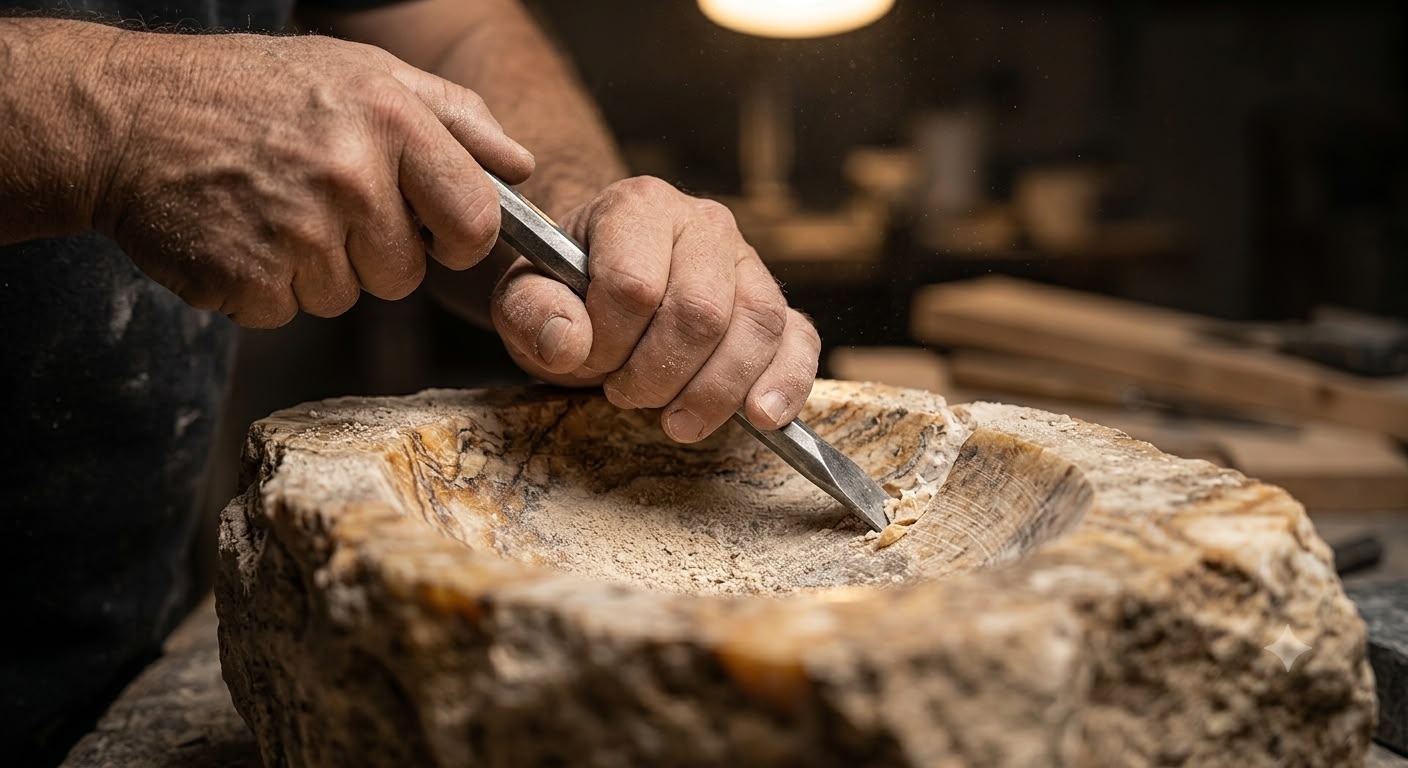 Close-up of hands chiseling the interior of a natural stone sink