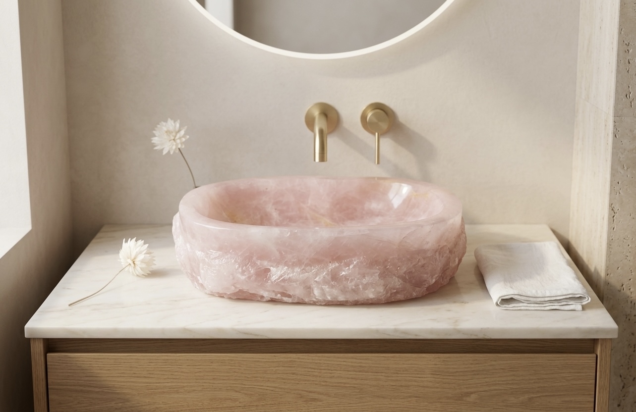 Rose Quartz hand-carved stone vessel sink on a marble vanity with brushed gold fixtures