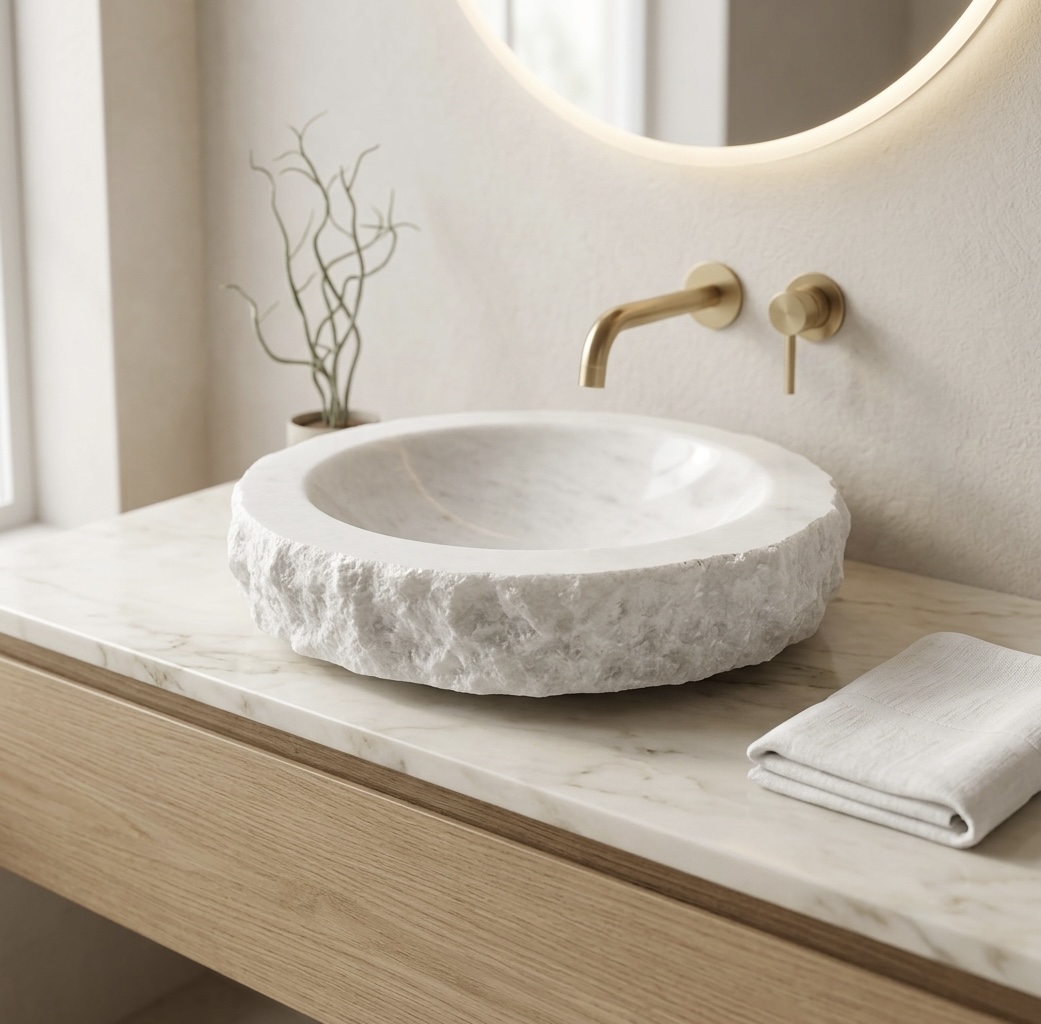White Marble hand-carved stone vessel sink