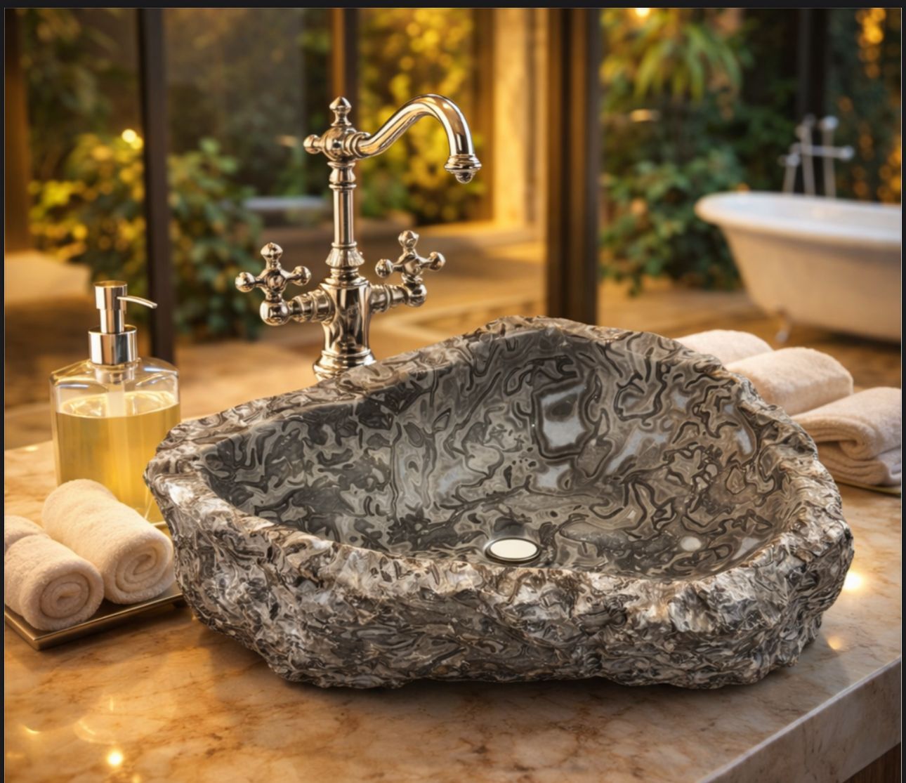 Hand-carved storm marble vessel sink with dark swirling veins and rustic exterior